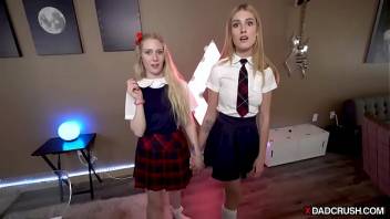 Two blonde stepdauhgters giving head